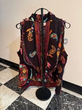ANU Embroidered Wool Vest Boho Paisley Floral Open Front India Artisan Large